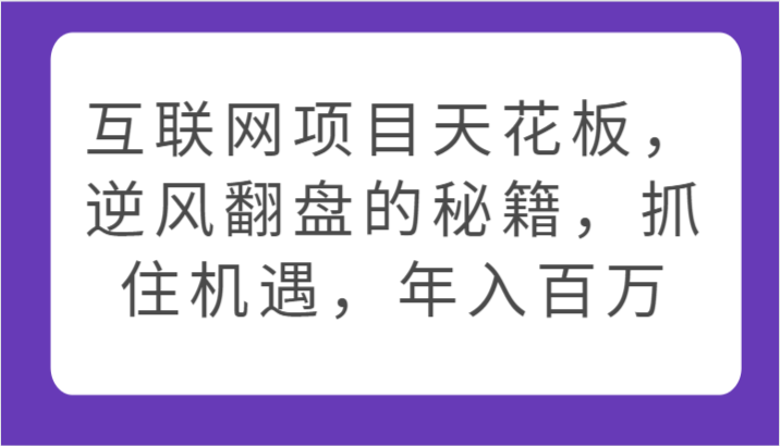 互联网项目天花板，逆风翻盘的秘籍，抓住机遇，年入百万-喃哩哩