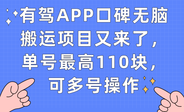有驾APP口碑无脑搬运项目又来了，单号最高110块，可多号操作-喃哩哩