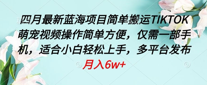 四月最新蓝海项目，简单搬运TIKTOK萌宠视频，操作简单方便，仅需一部手机-喃哩哩
