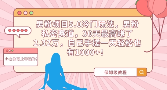 男粉项目5.0冷门玩法，男粉私密赛道，30天最高赚了2.32万，自己手搓一天轻松也有1000+-喃哩哩