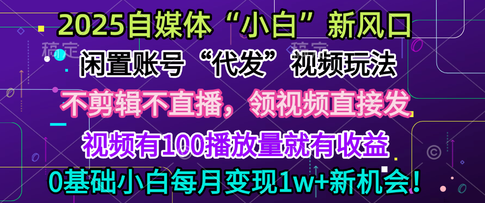 2025每月躺赚5w+新机会，闲置视频账号一键代发玩法，0粉不实名不剪辑，领了视频直接发，0基础小白也能日入300+-喃哩哩